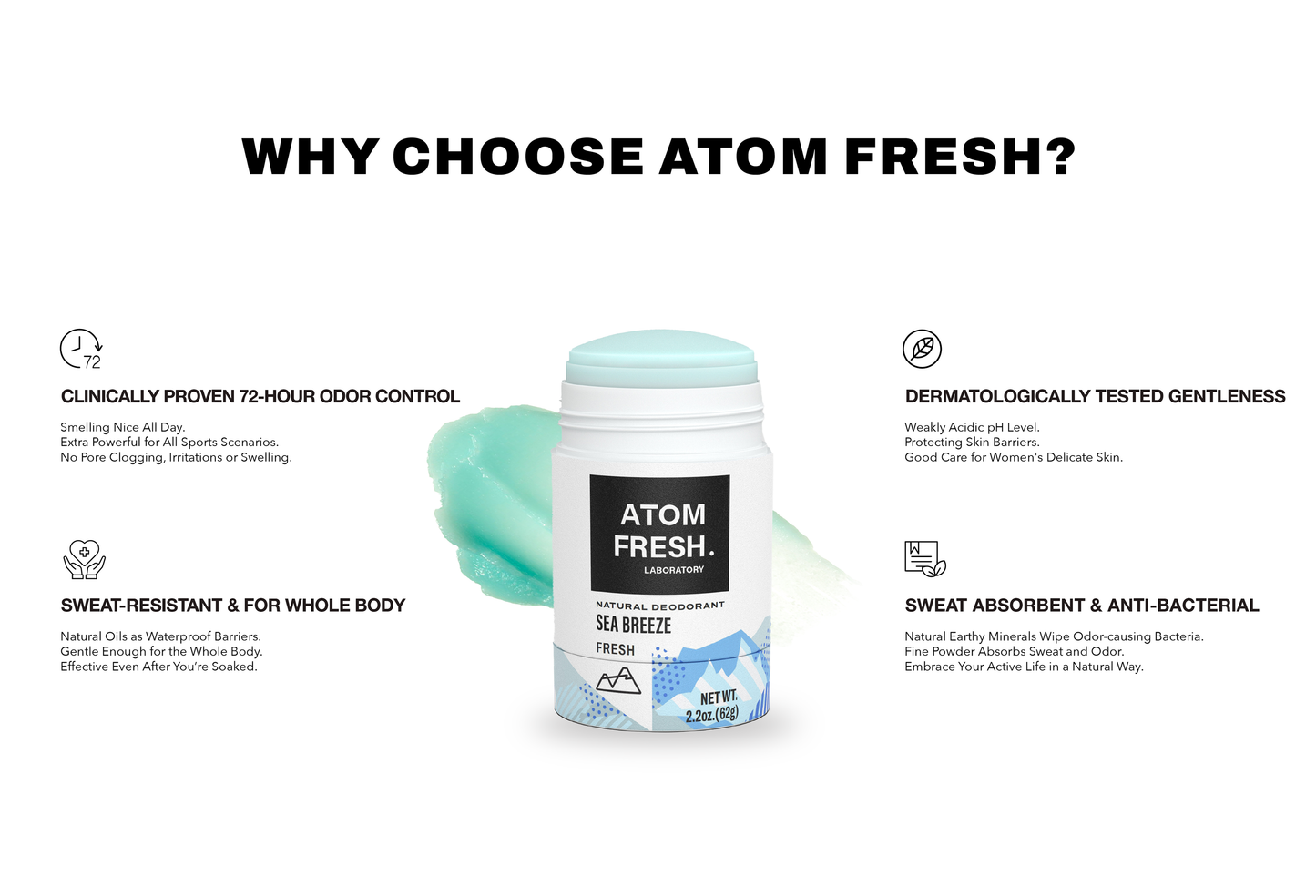 PC-Whole body deodorant. Clinically proven 72-hour odor and sweat control. Natural formula with a pH of 6, gentle and non-irritating, dermatologist-tested.